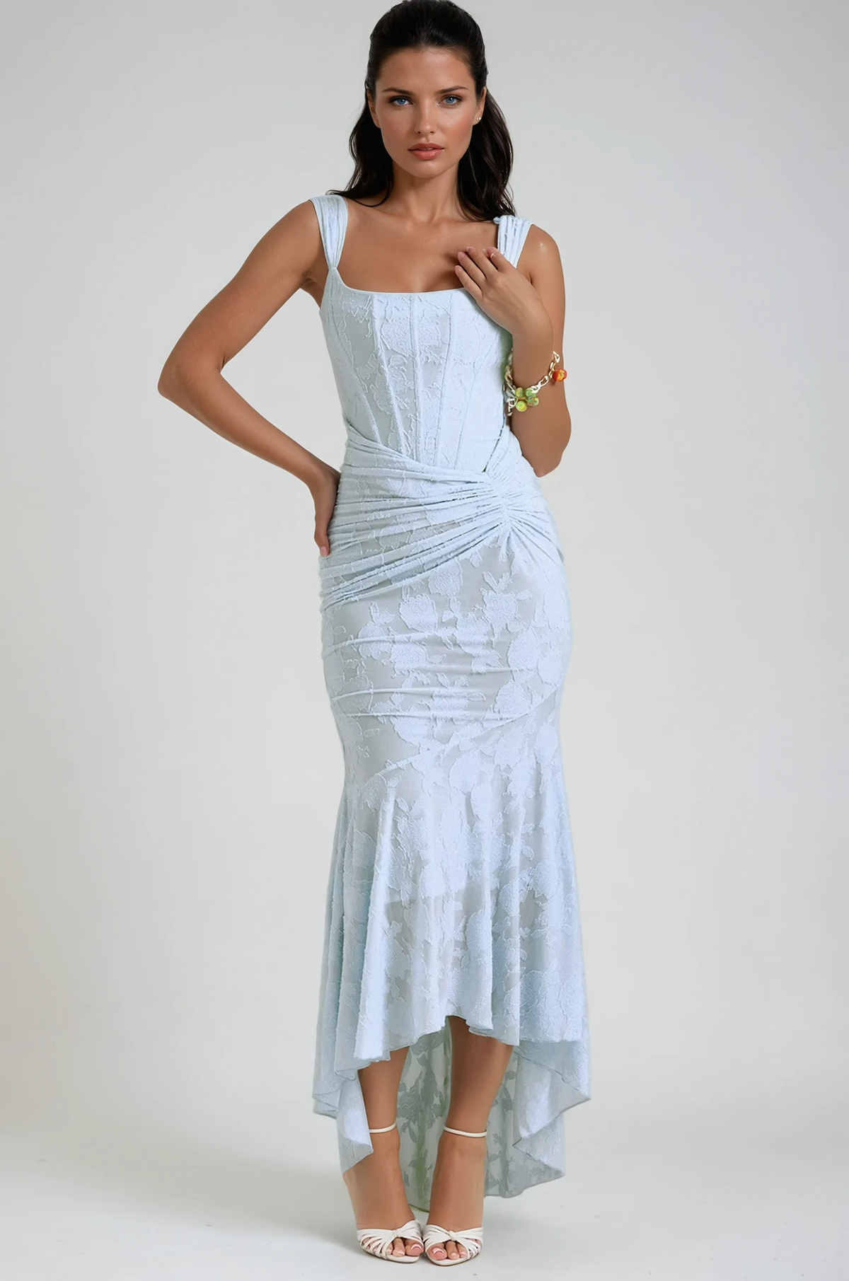 Corset Bodice Maxi Dress with High Low Flounce Hem in Light Blue