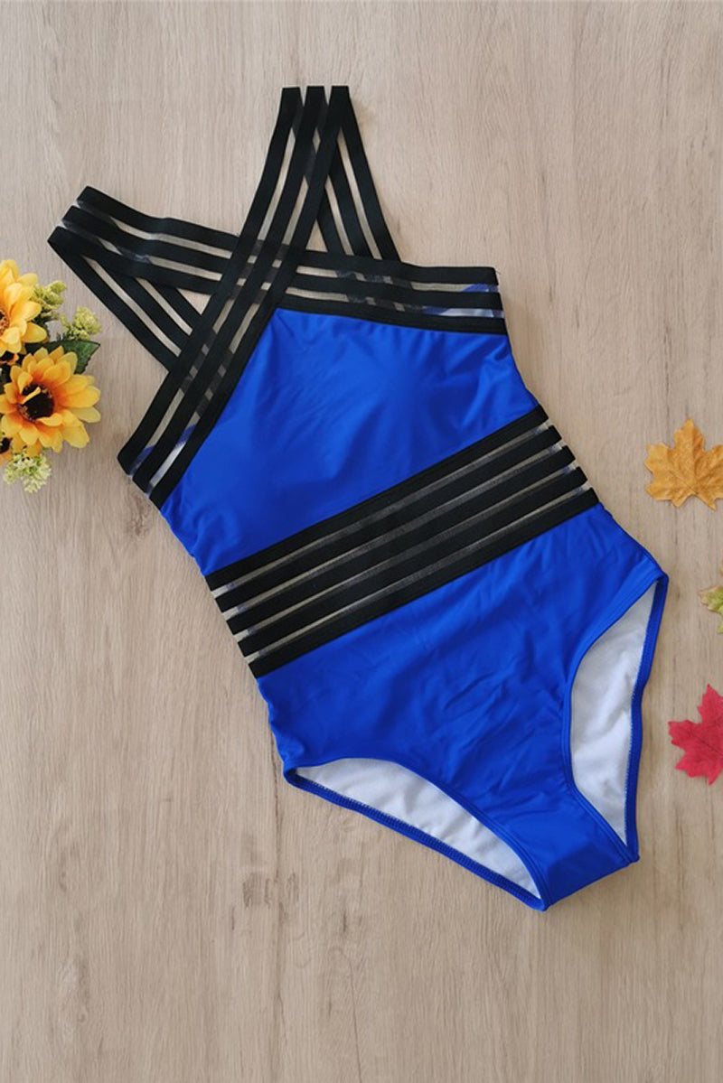 Criss Cross Halter One Piece Swimsuit with Stripes in Azure