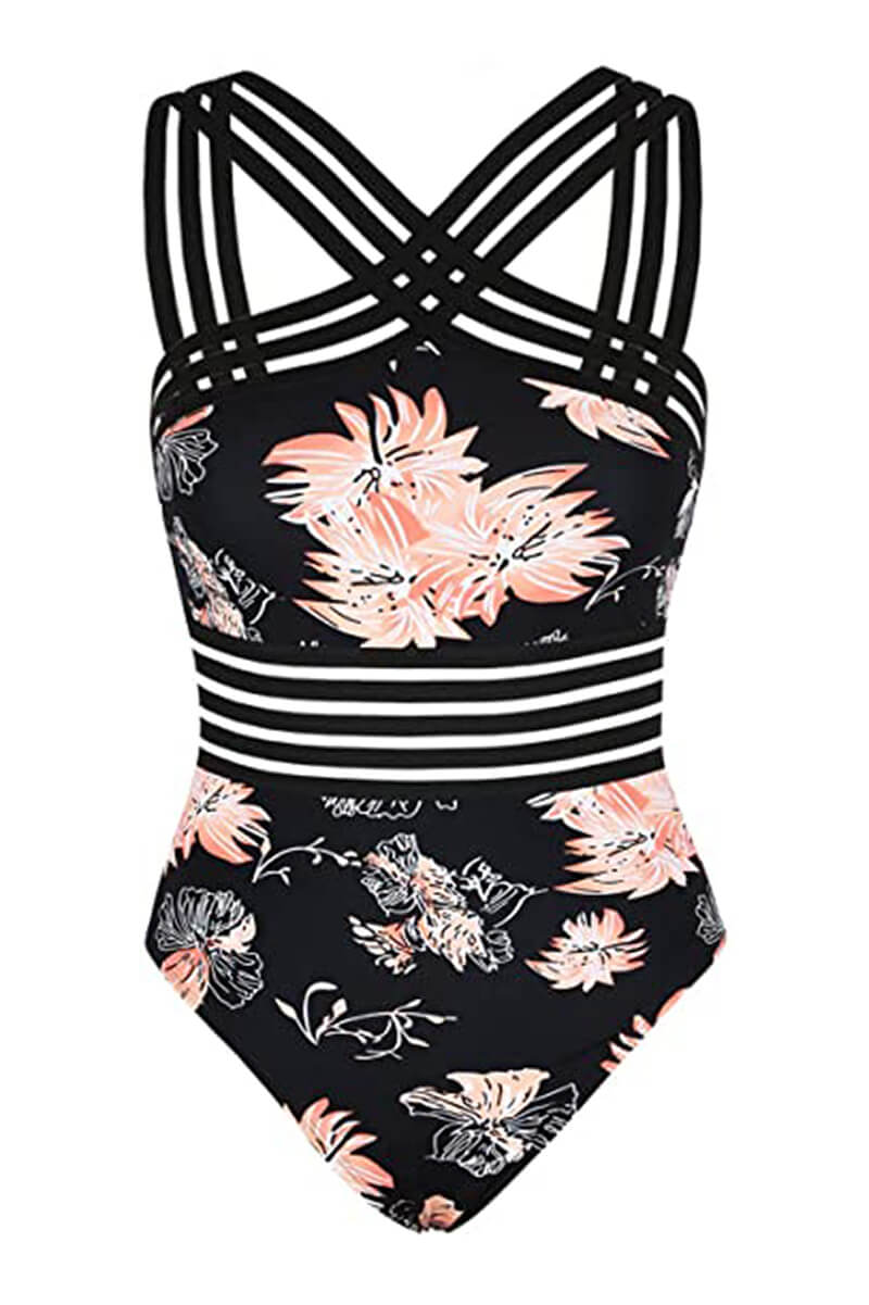 Criss Cross Halter One Piece Swimsuit with Stripes in Black & White