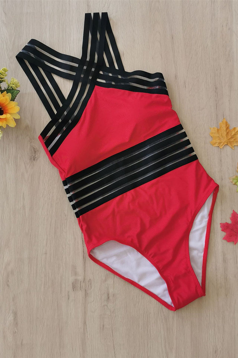 Criss Cross Halter One Piece Swimsuit with Stripes in Red
