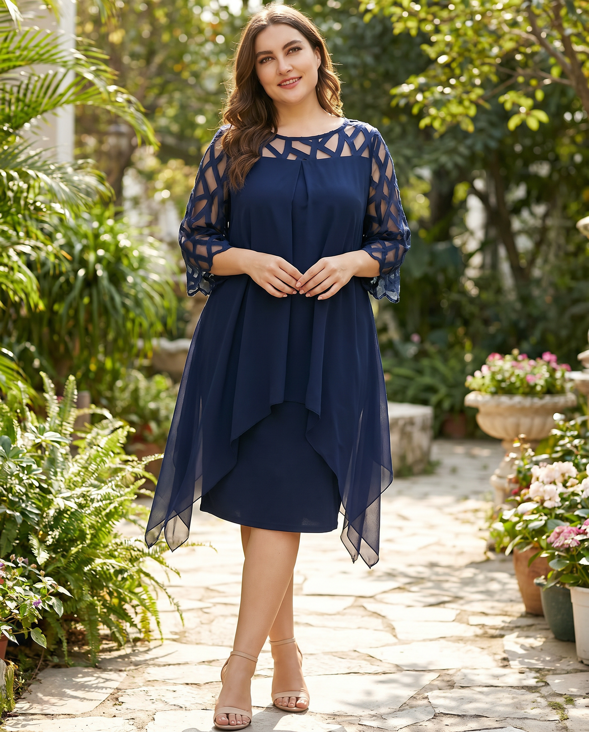 Cutout Neckline Midi Dress with Sheer Flare Sleeves, detail view 1