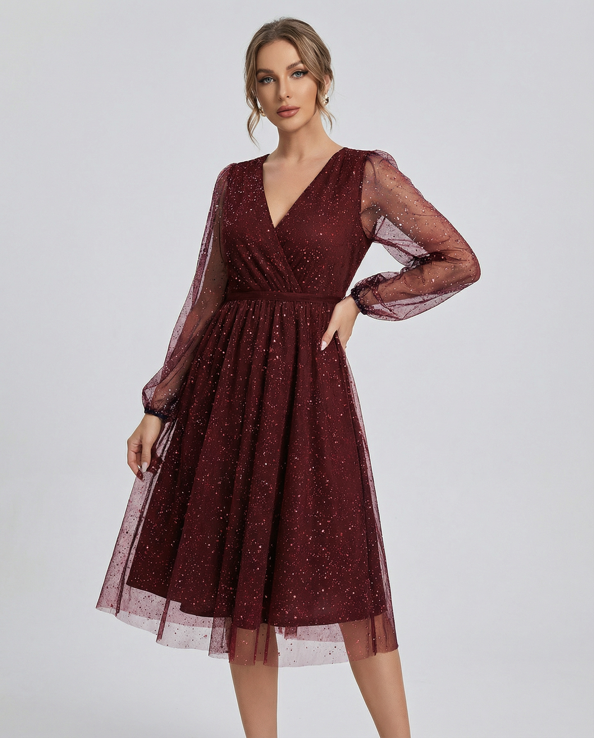 Glitter Mesh Midi Dress with V Neck and Sheer Sleeves, detail view 0