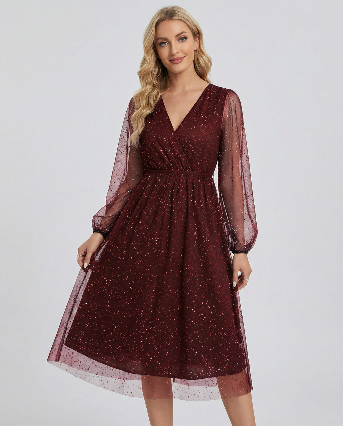 Glitter Mesh Midi Dress with V Neck and Sheer Sleeves, detail view 1