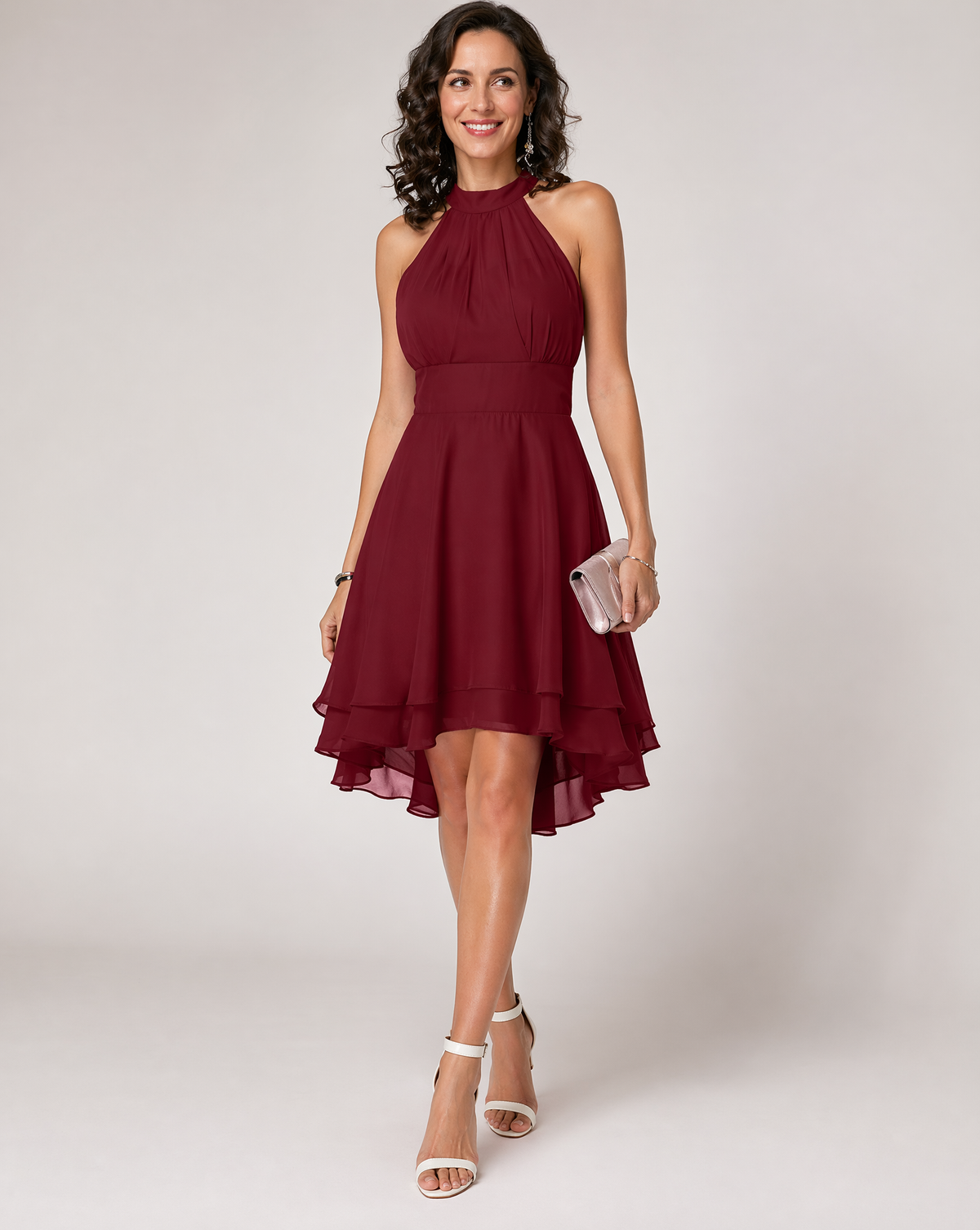 Halter Neck Fit and Flare Midi Dress with Layered Hem, detail view 1