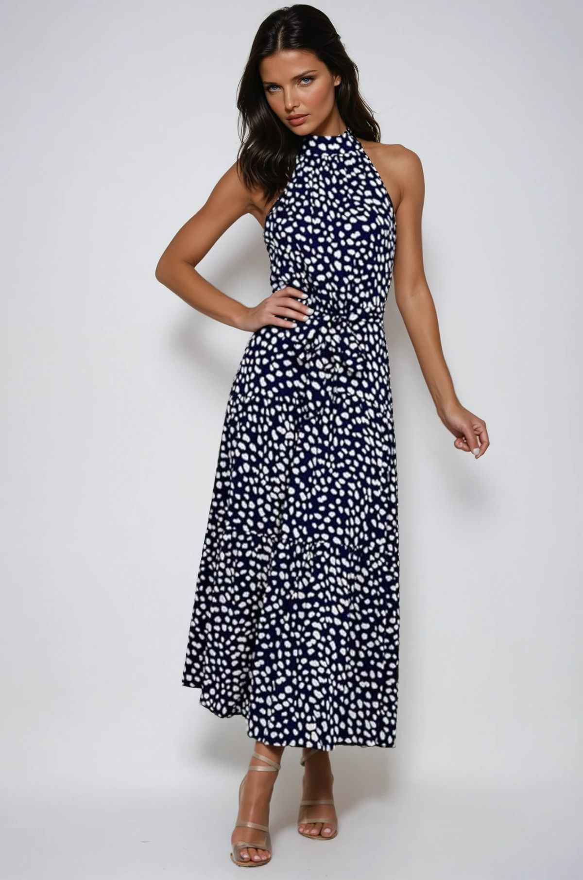 Halter Neck Polka Dot Midi Dress with Tie Waist, detail view 0