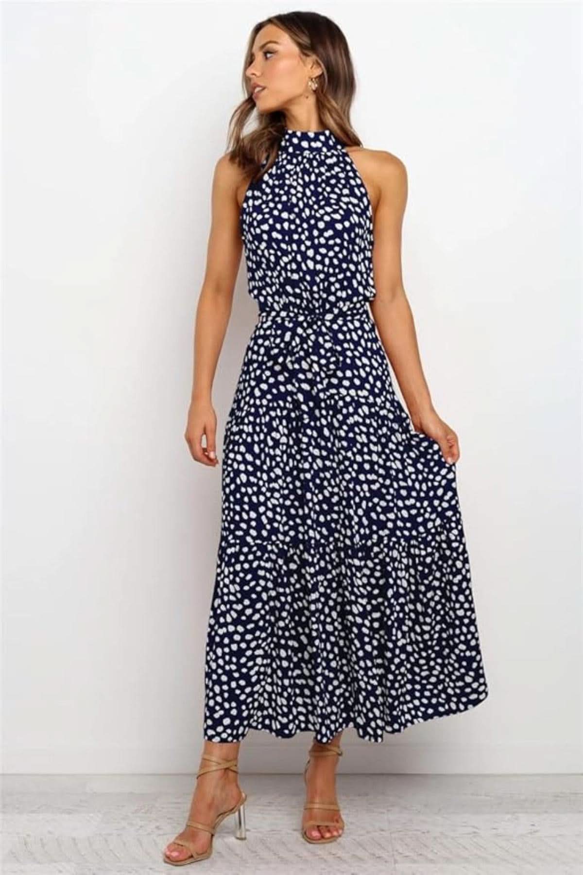 Halter Neck Polka Dot Midi Dress with Tie Waist in Navy Blue