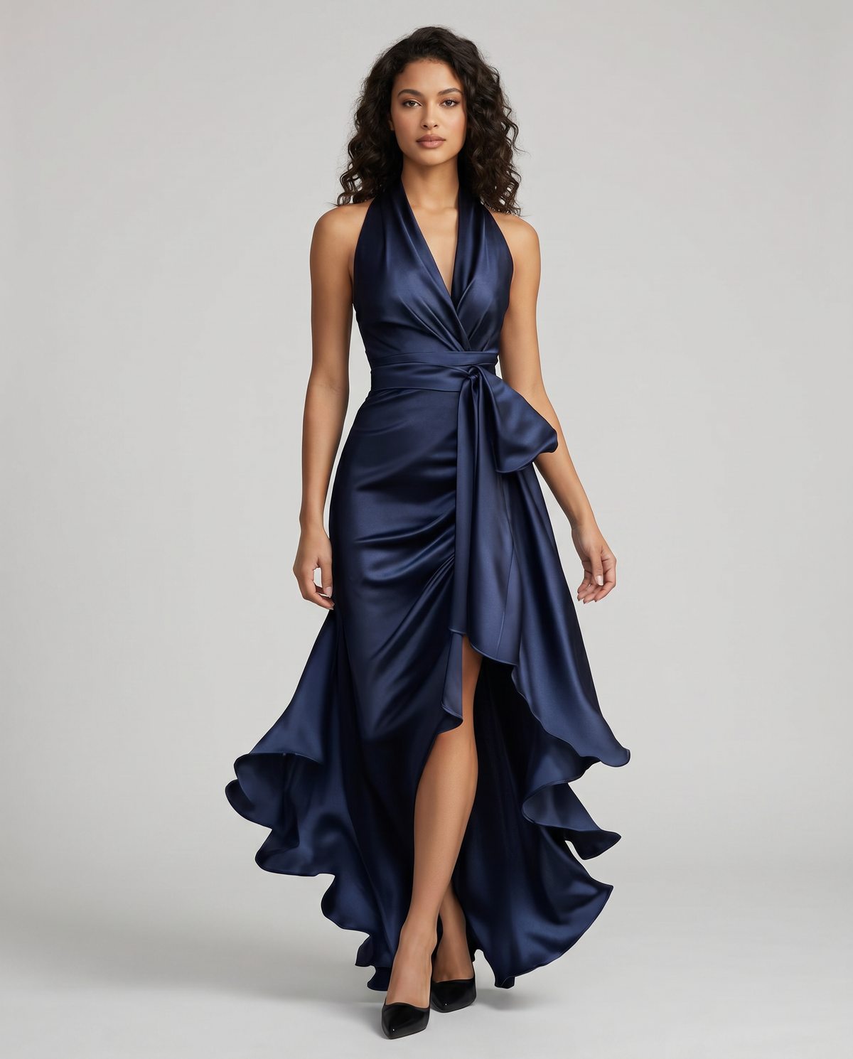 Halter Neck Satin Maxi Dress with High Low Ruffle Hem, detail view 0