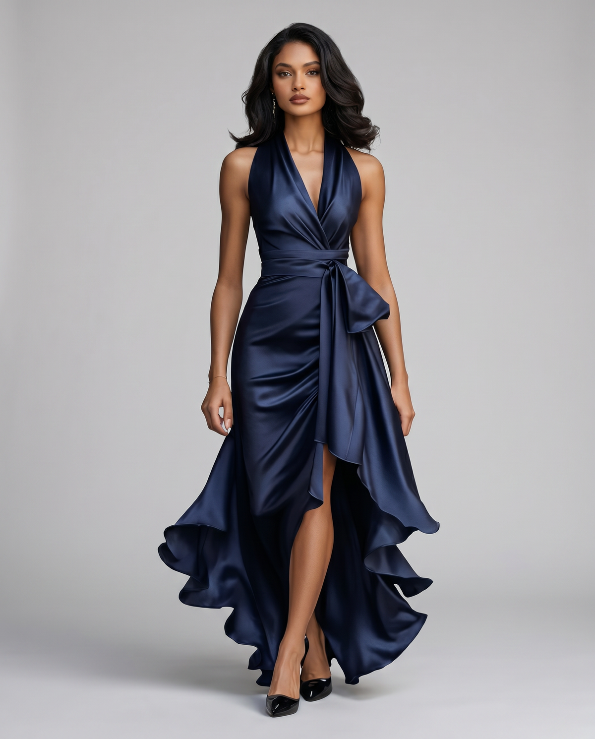 Halter Neck Satin Maxi Dress with High Low Ruffle Hem in Navy
