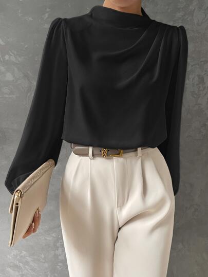 High Neck Satin Blouse with Long Bishop Sleeves in Black