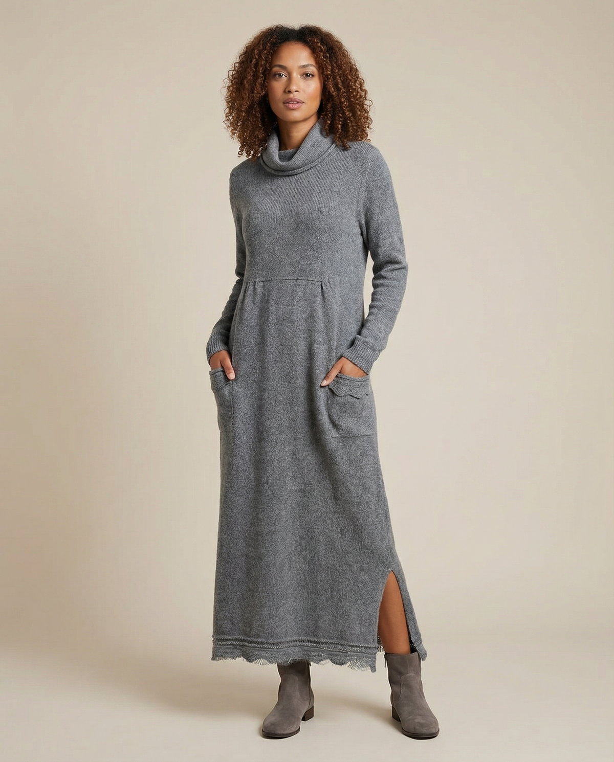 Long Sleeve Turtleneck Maxi Dress with Side Slit in Dark Grey
