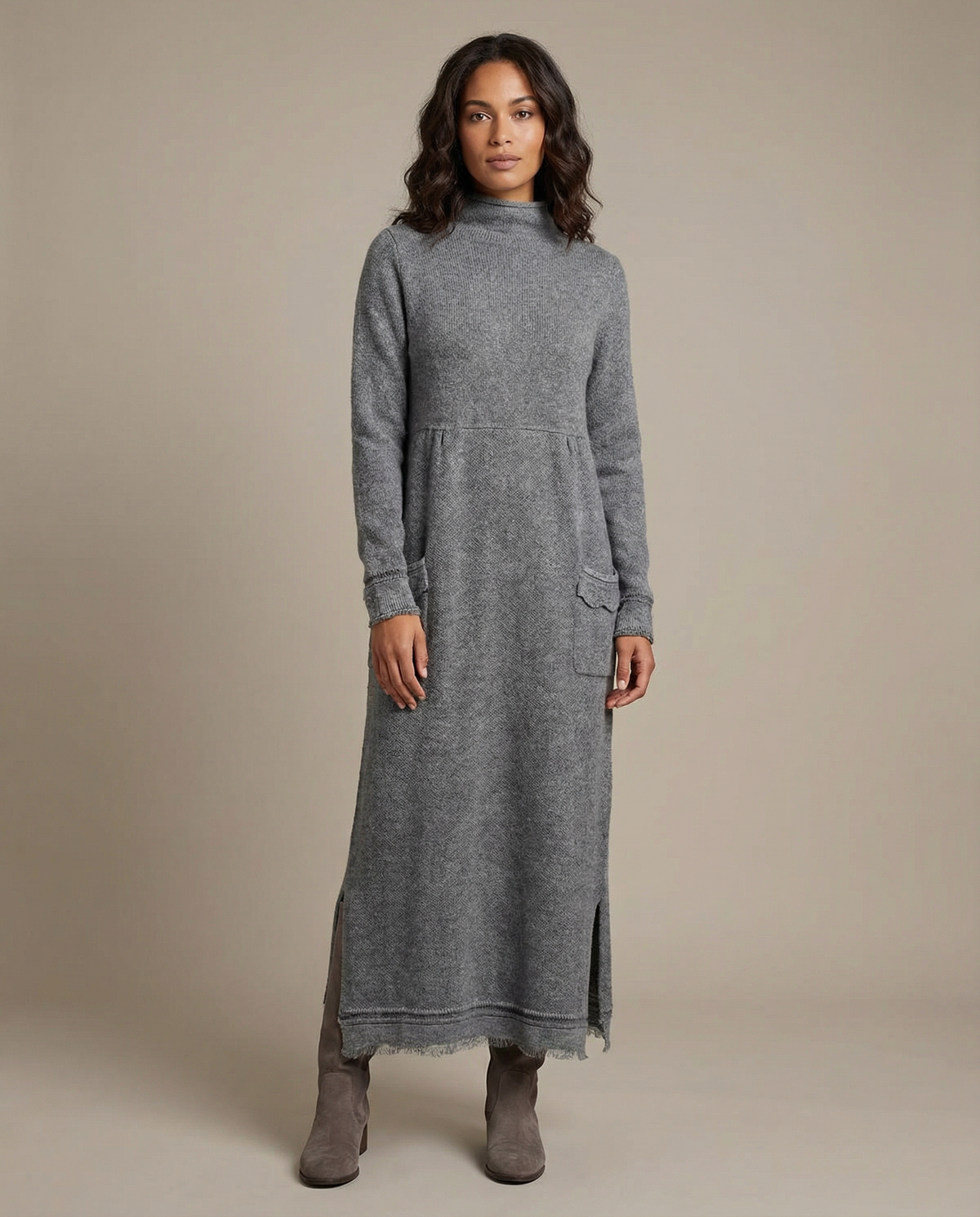 Long Sleeve Turtleneck Maxi Dress with Side Slit, detail view 1