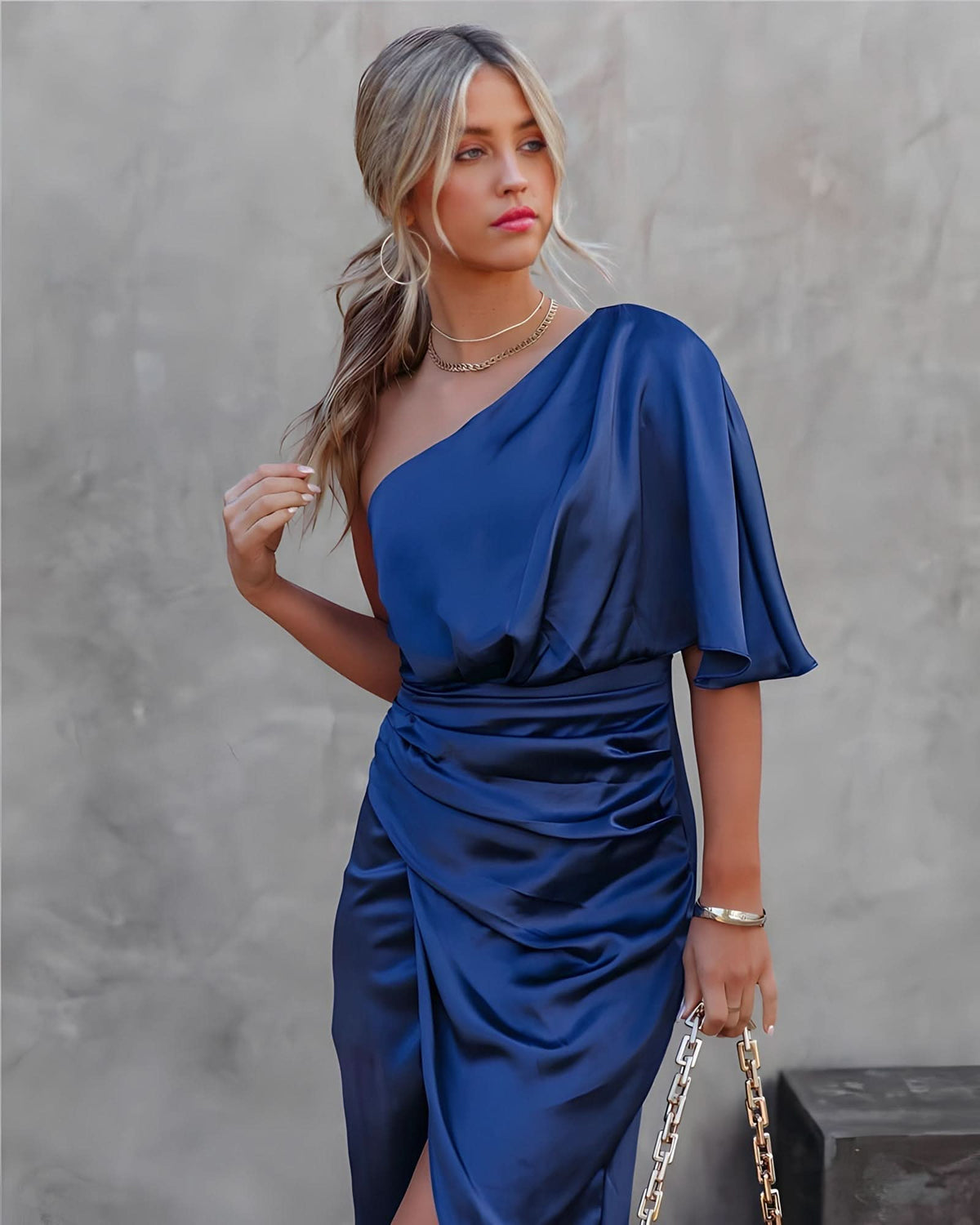 One Shoulder Satin Midi Dress with Ruched Wrap Skirt in Azure