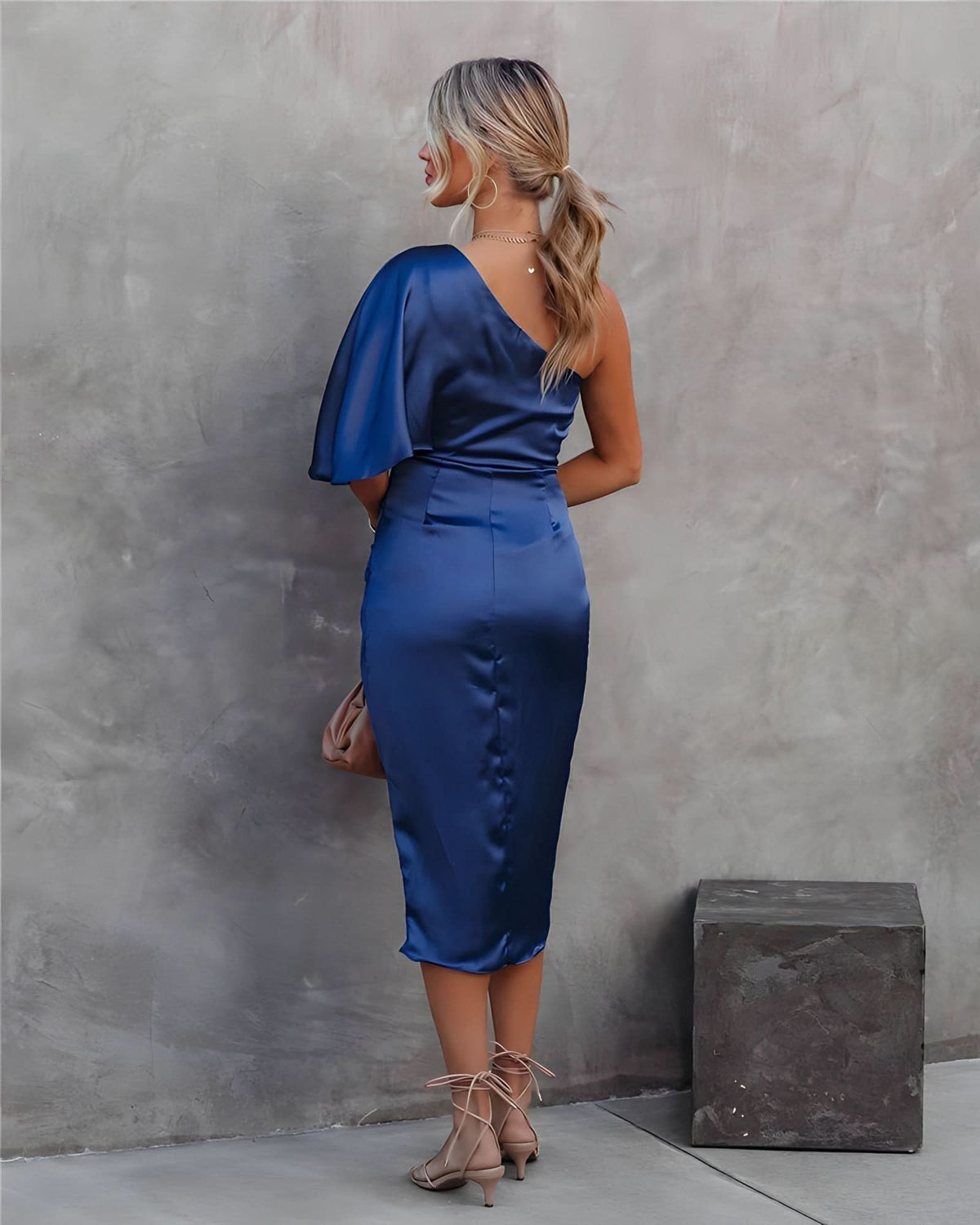 One Shoulder Satin Midi Dress with Ruched Wrap Skirt, detail view 1
