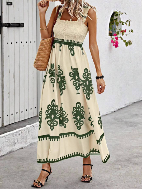 Smocked Bodice Maxi Sundress with Boho Print and Slit in Light Green