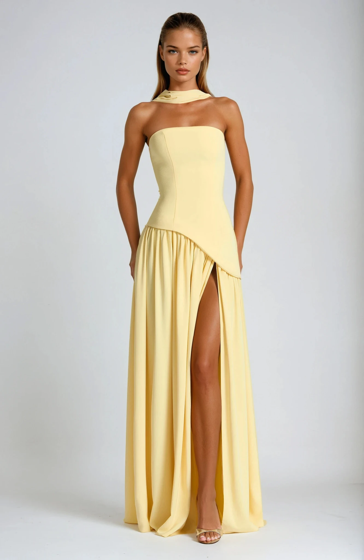 Strapless Drop Waist Maxi Dress with Scarf and Slit, detail view 0