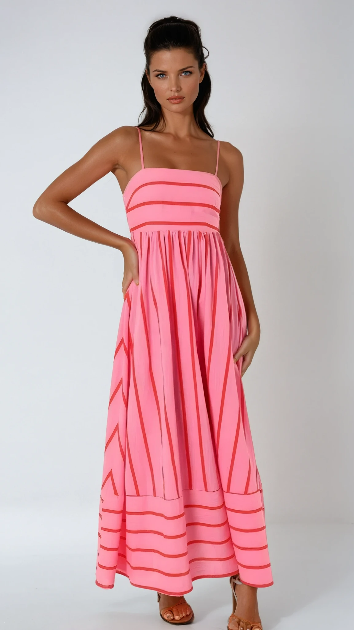 Striped Maxi Sundress with Spaghetti Straps and Full Skirt, detail view 0