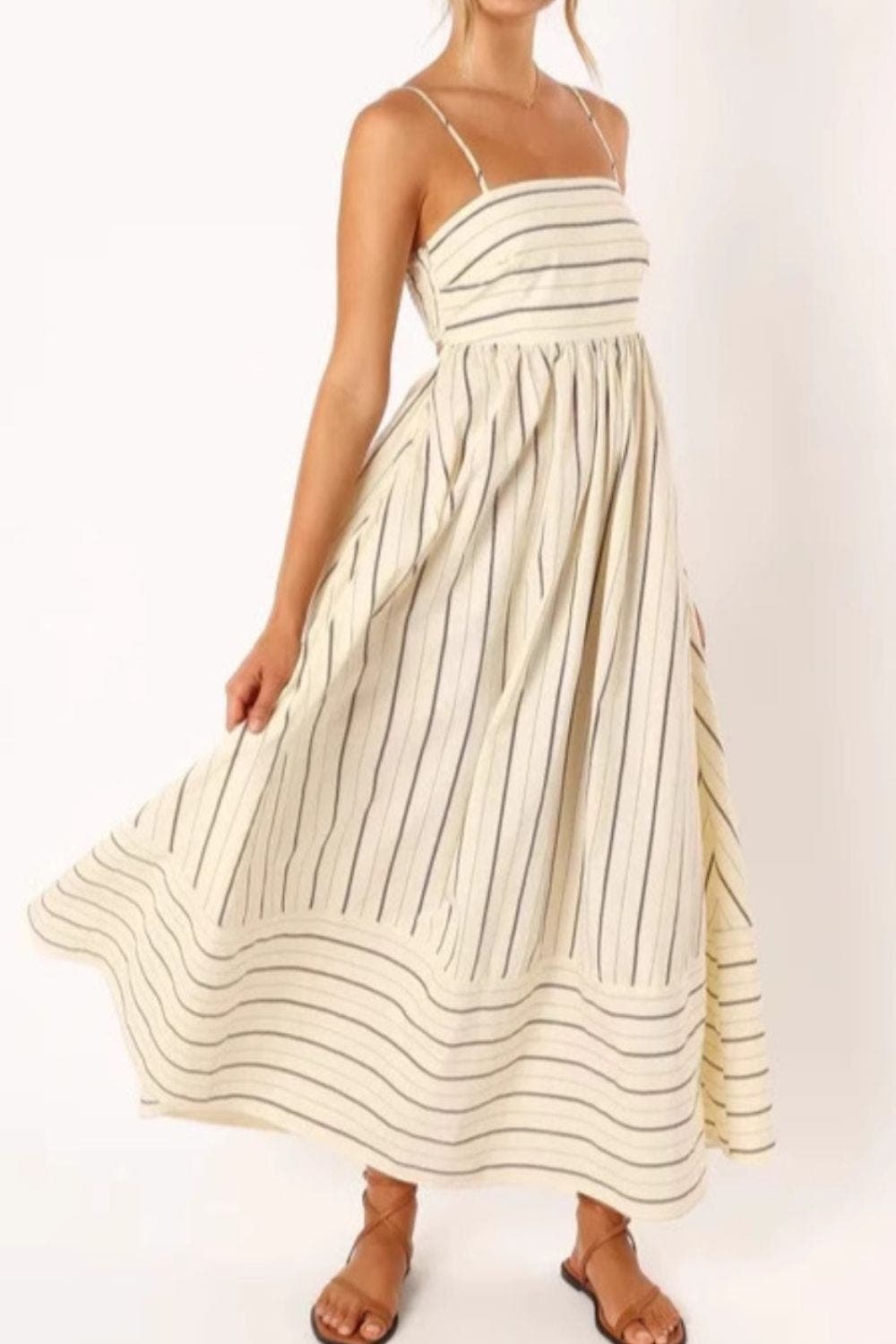 Striped Maxi Sundress with Spaghetti Straps and Full Skirt in Beige