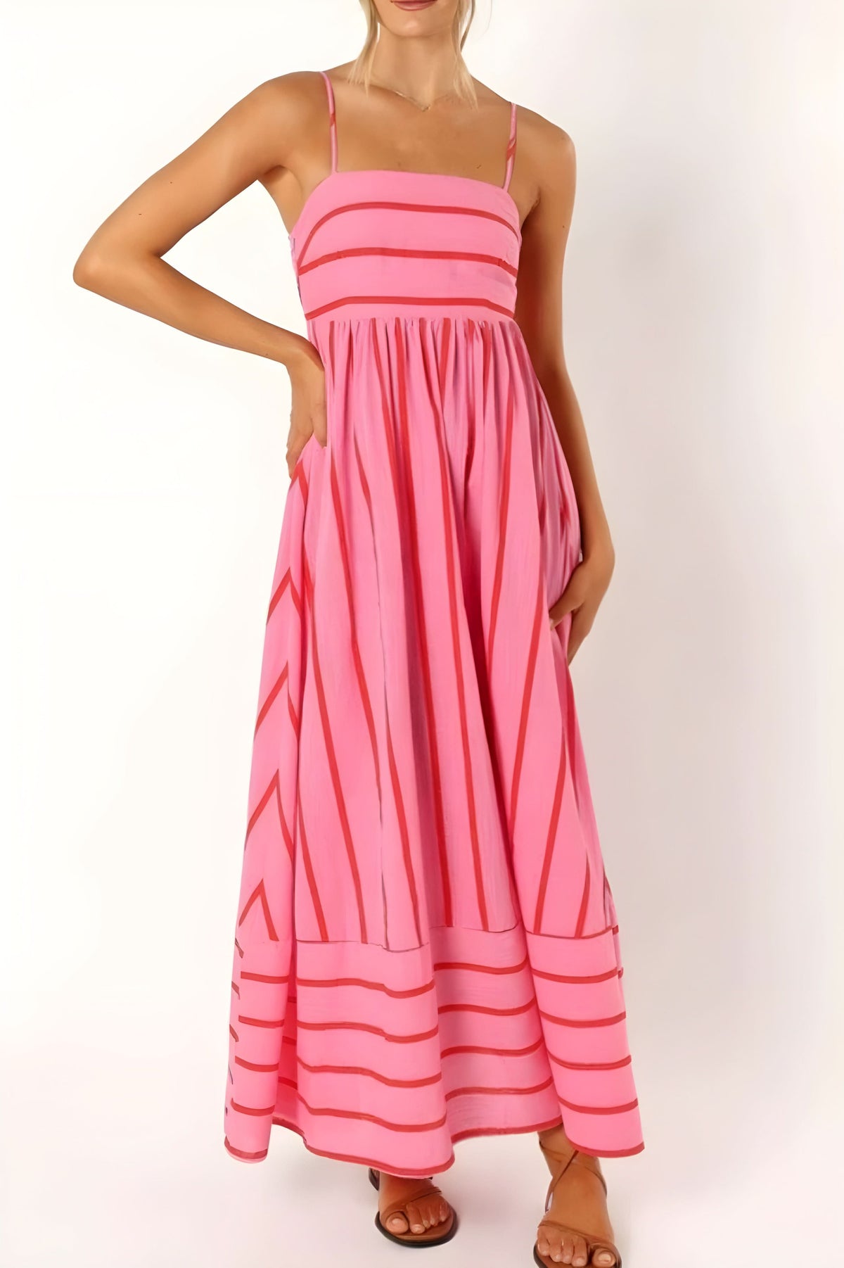 Striped Maxi Sundress with Spaghetti Straps and Full Skirt, detail view 1