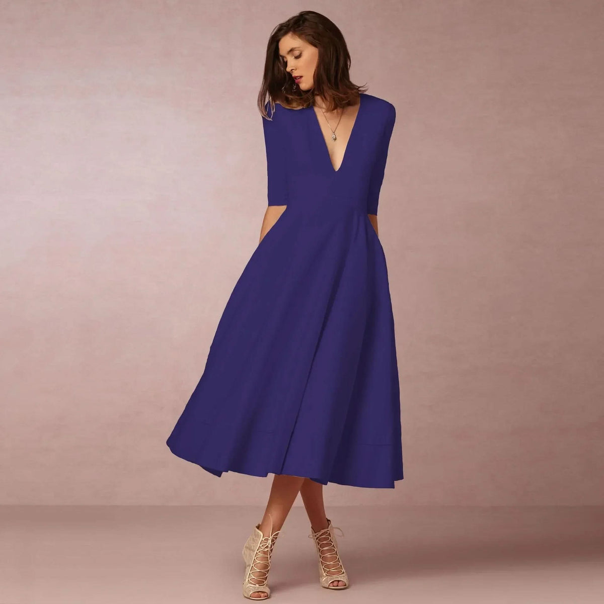 V Neck Fit and Flare Midi Dress with Elbow Sleeves in Navy Blue