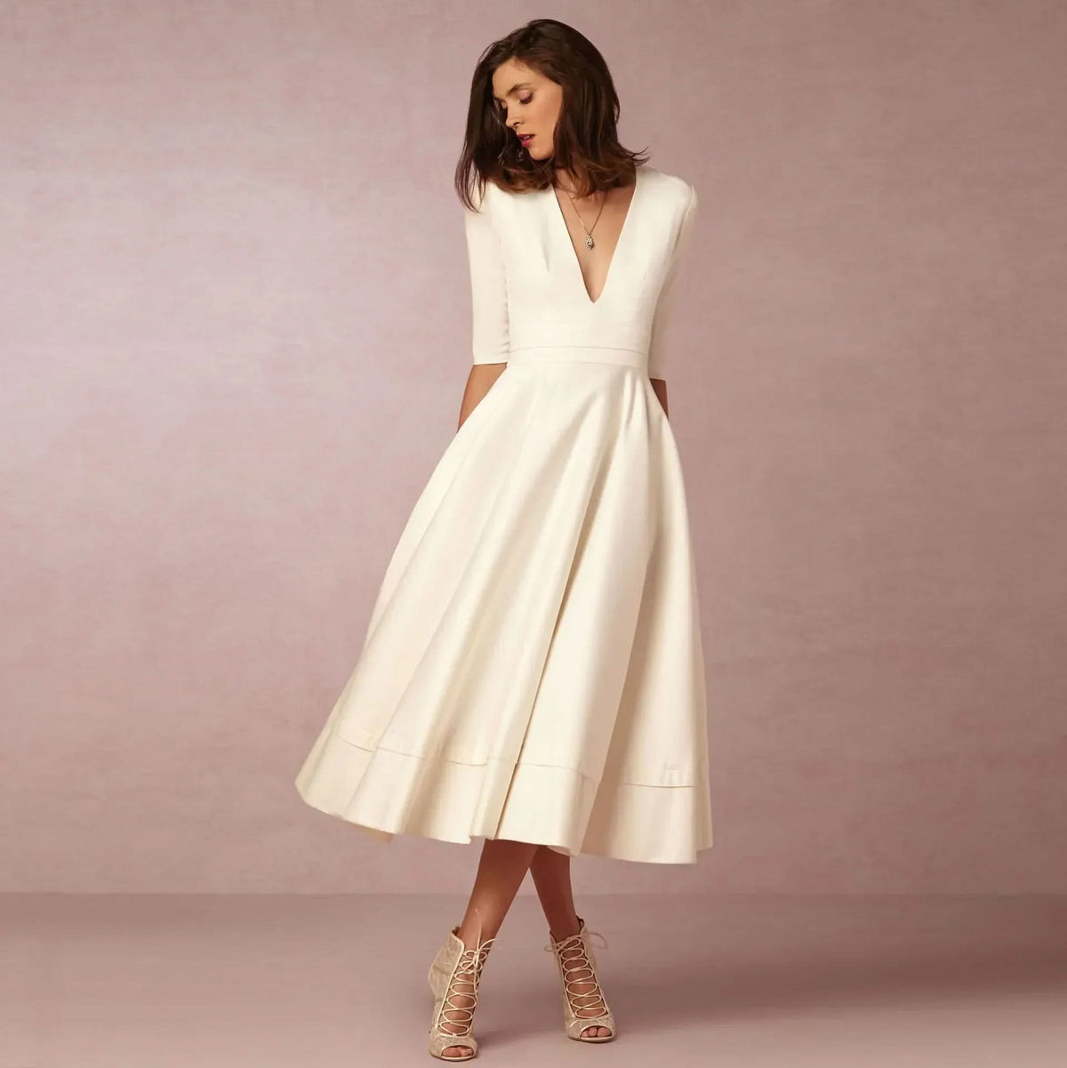 V Neck Fit and Flare Midi Dress with Elbow Sleeves in White