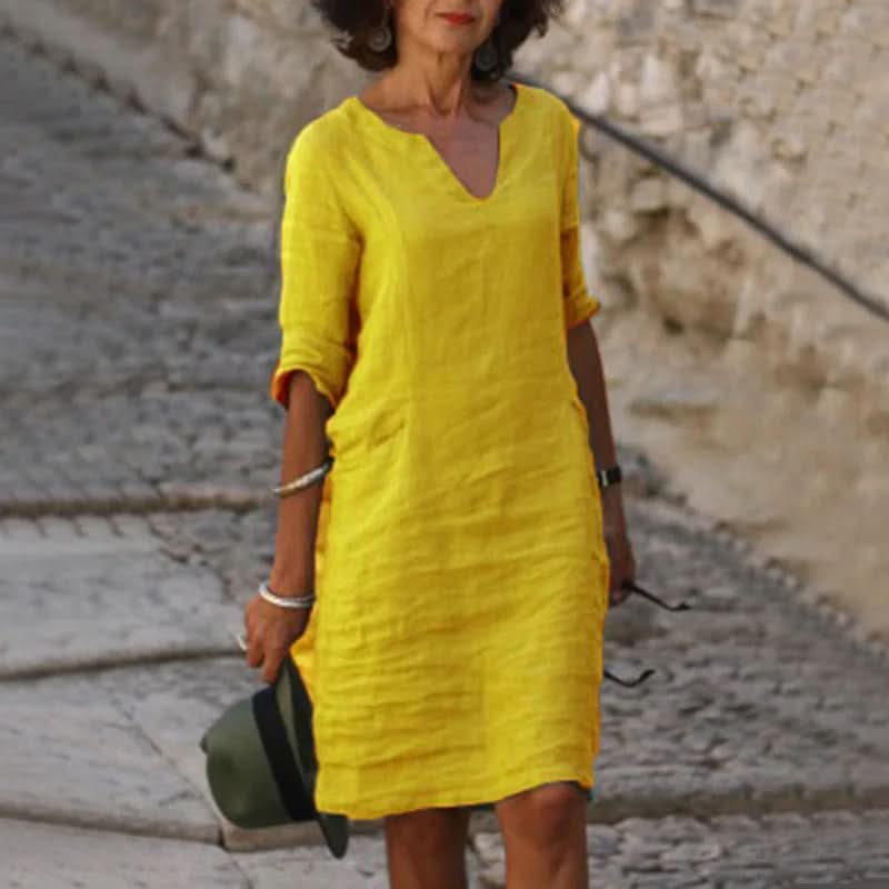 V Neck Shift Dress with Three Quarter Sleeves in Yellow