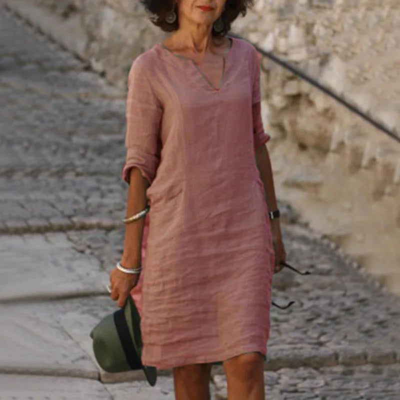 V Neck Shift Dress with Three Quarter Sleeves in Dark Pink