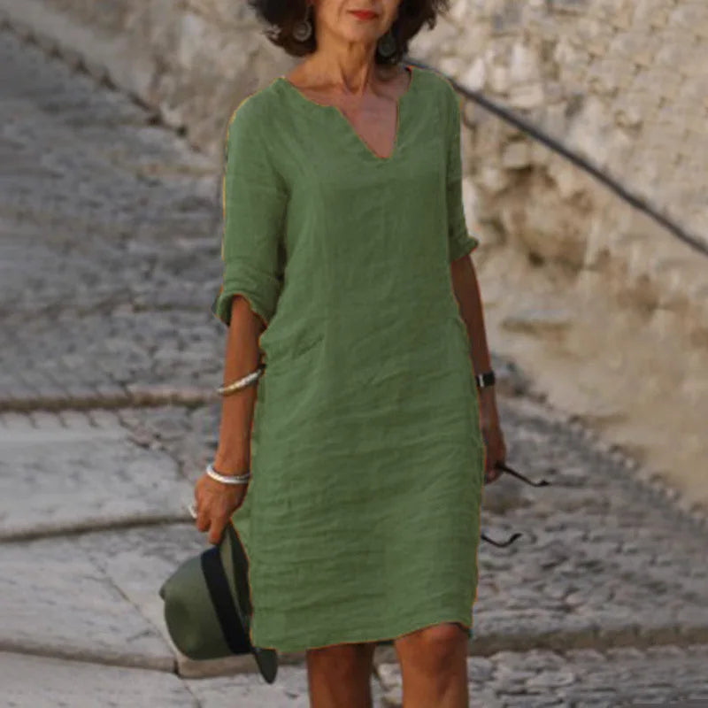 V Neck Shift Dress with Three Quarter Sleeves in Olive