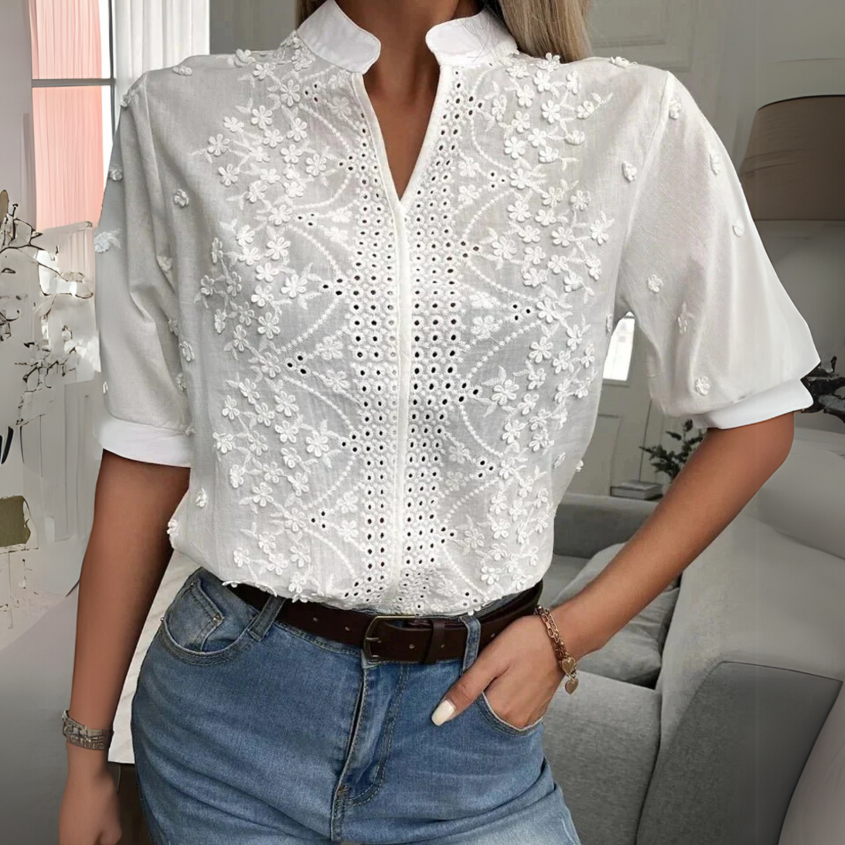 Womens Blouse with Floral Embroidery in Lightweight Woven Fabric