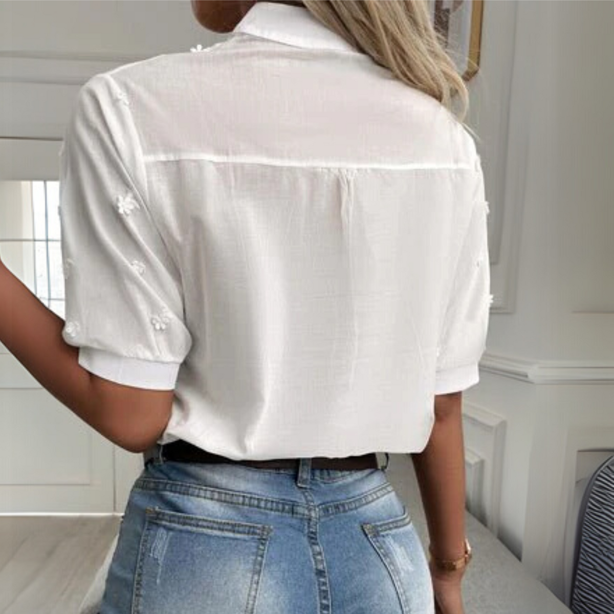 Womens Blouse with Floral Embroidery in Lightweight Woven Fabric