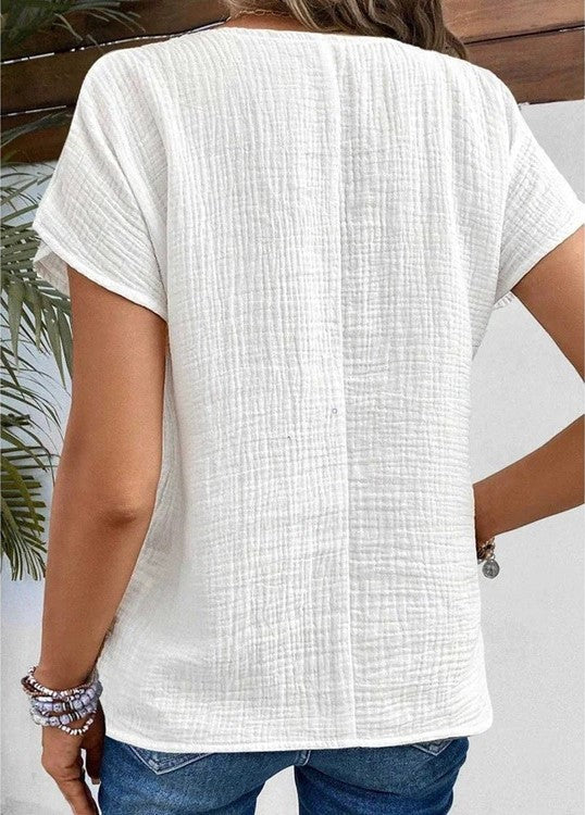 Womens Summer Blouse with Shawl Collar and Relaxed Crinkle Texture