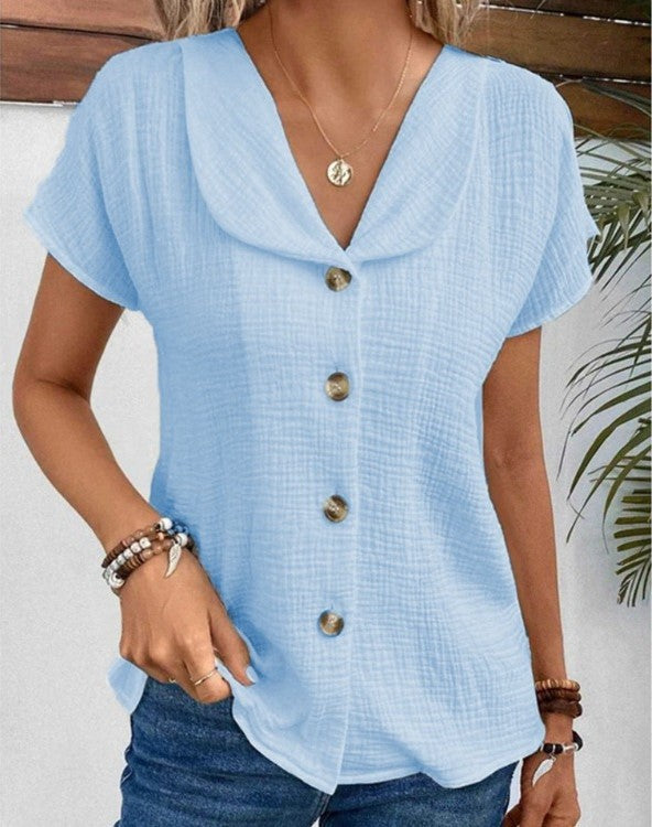 Womens Summer Blouse with Shawl Collar and Relaxed Crinkle Texture