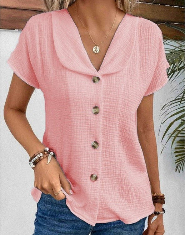 Womens Summer Blouse with Shawl Collar and Relaxed Crinkle Texture