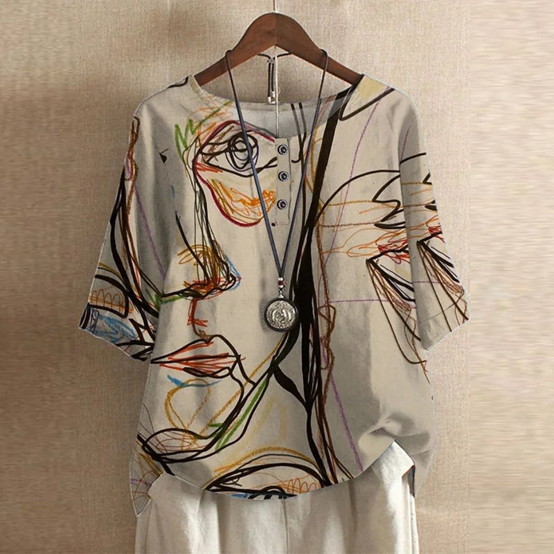 Womens Printed Blouse with Turn-Up Sleeves in Linen-Look Fabric