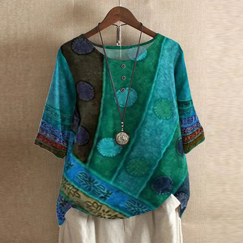 Womens Printed Blouse with Turn-Up Sleeves in Linen-Look Fabric