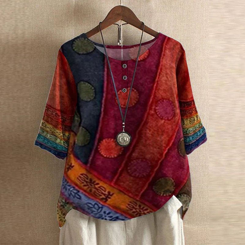 Womens Printed Blouse with Turn-Up Sleeves in Linen-Look Fabric