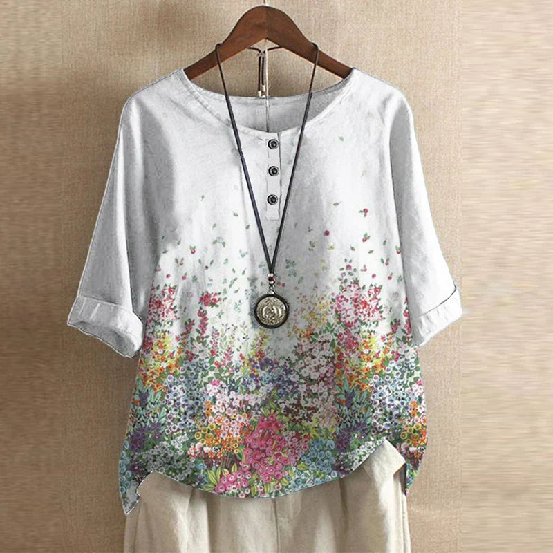 Womens Printed Blouse with Turn-Up Sleeves in Linen-Look Fabric