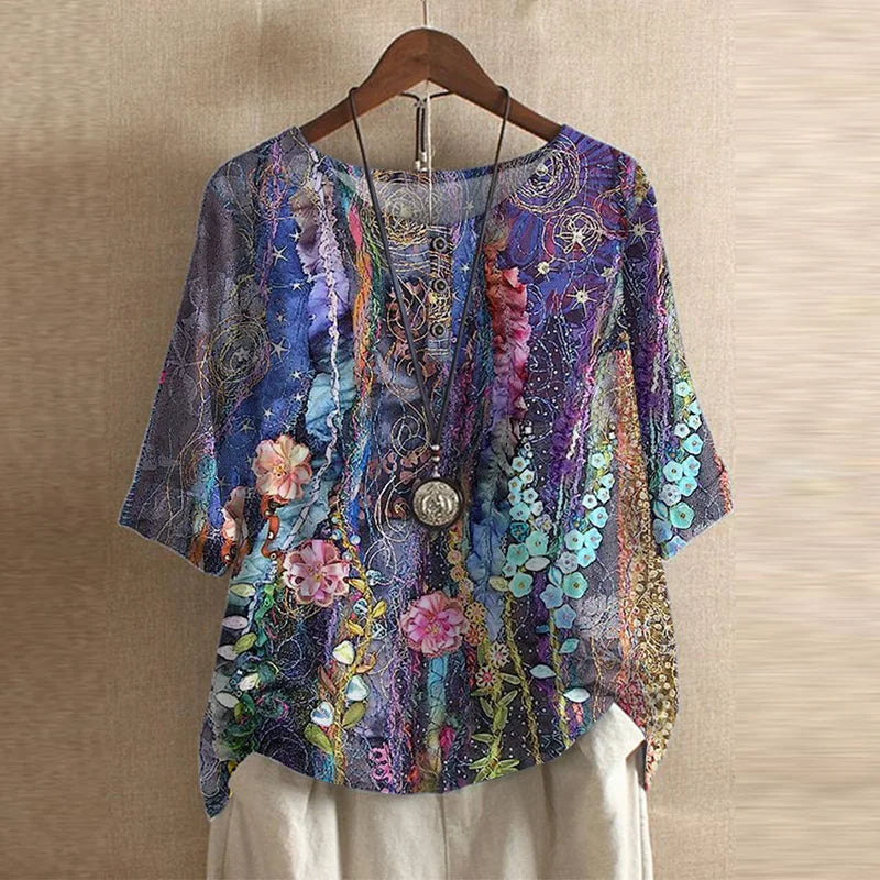 Womens Printed Blouse with Turn-Up Sleeves in Linen-Look Fabric