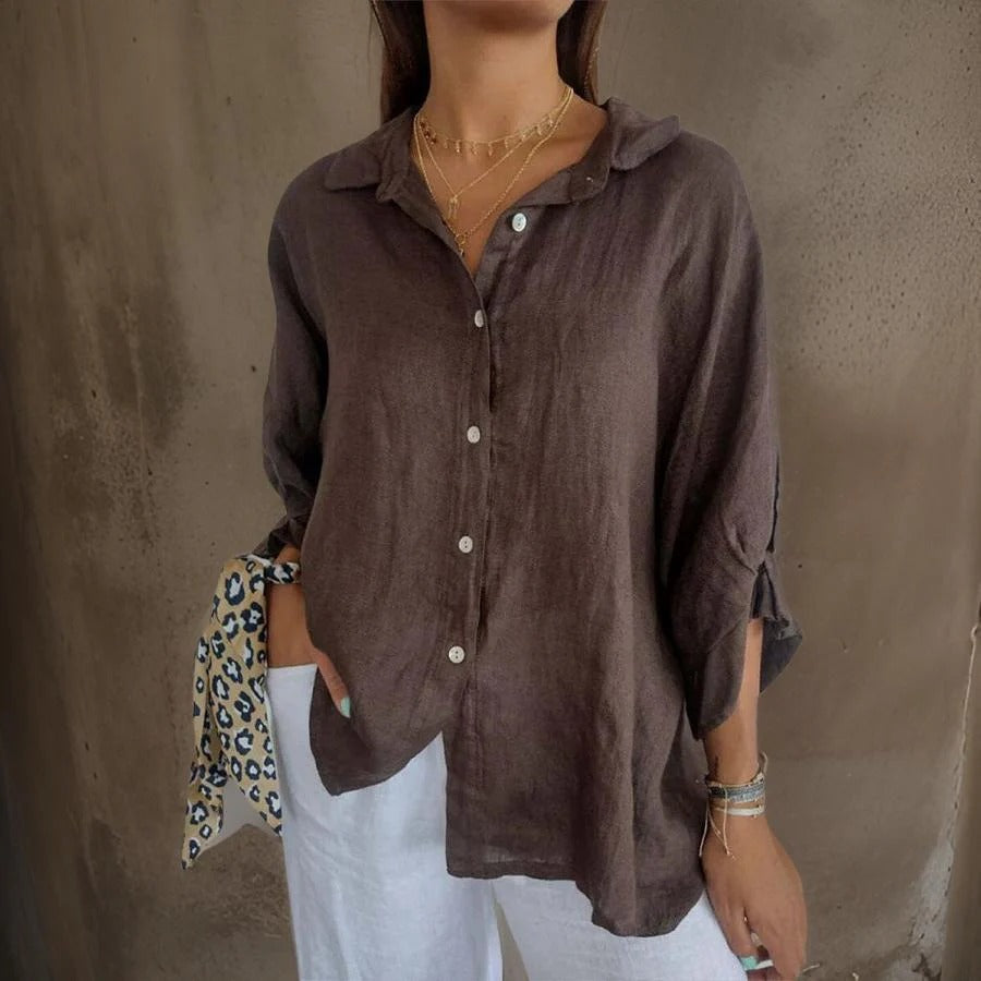 Womens Shirt with Button Front in Linen and Three-Quarter Sleeves