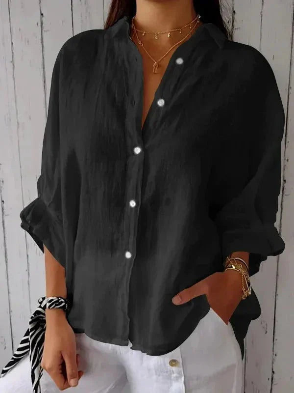 Womens Shirt with Button Front in Linen and Three-Quarter Sleeves
