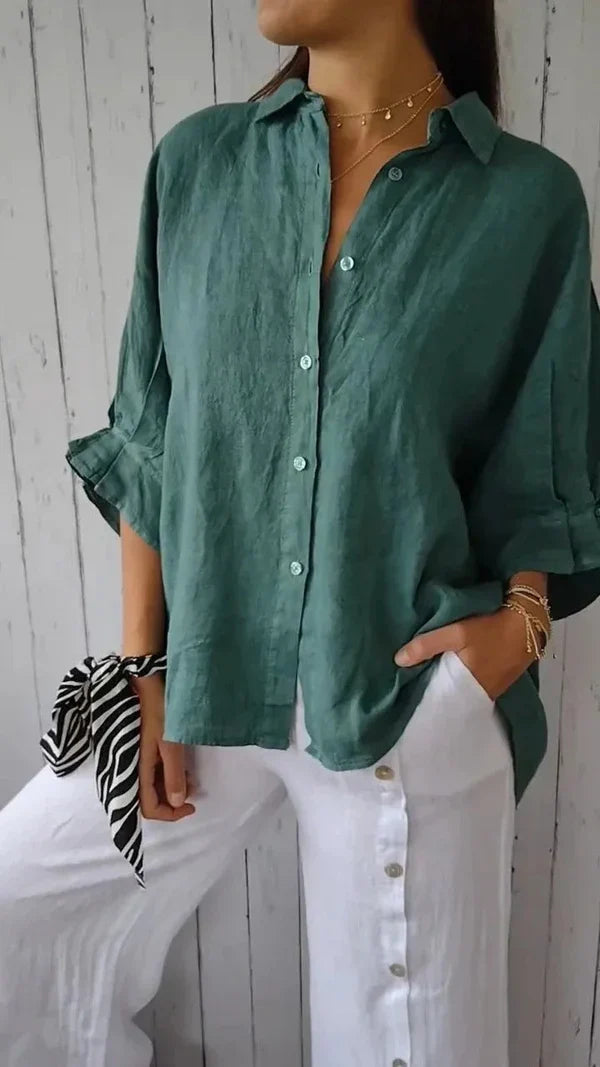 Womens Shirt with Button Front in Linen and Three-Quarter Sleeves