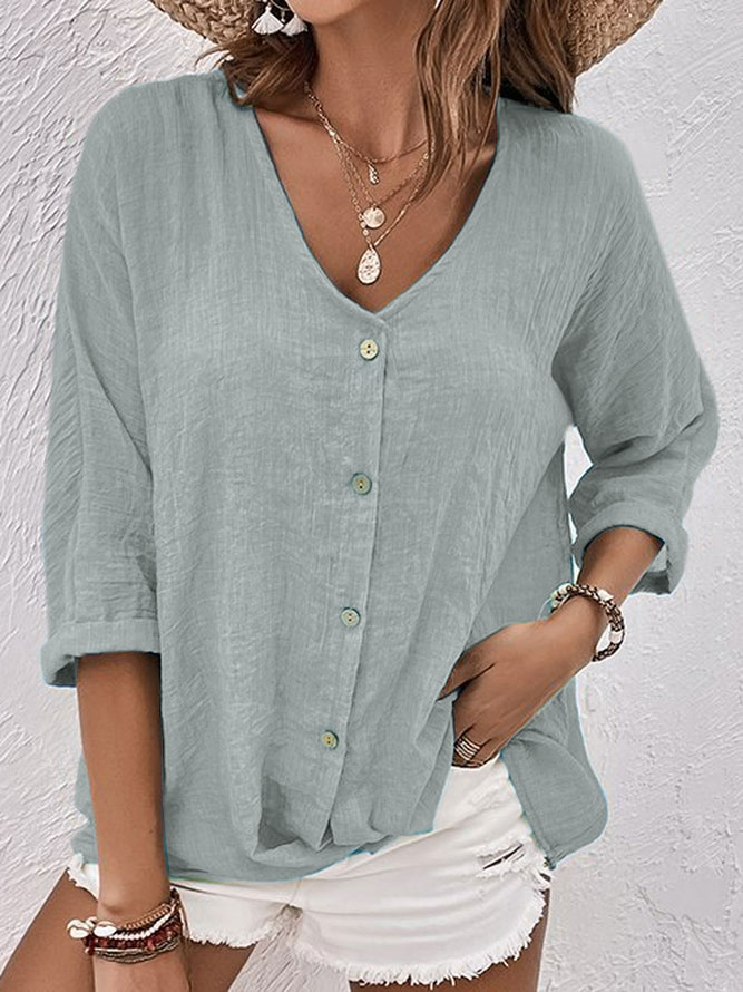 Womens Linen Shirt with V-Neck, Button Front and Three-Quarter Sleeves