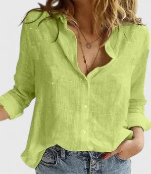 Womens Blouse with V-Neck and Button Front in Linen-Look Fabric