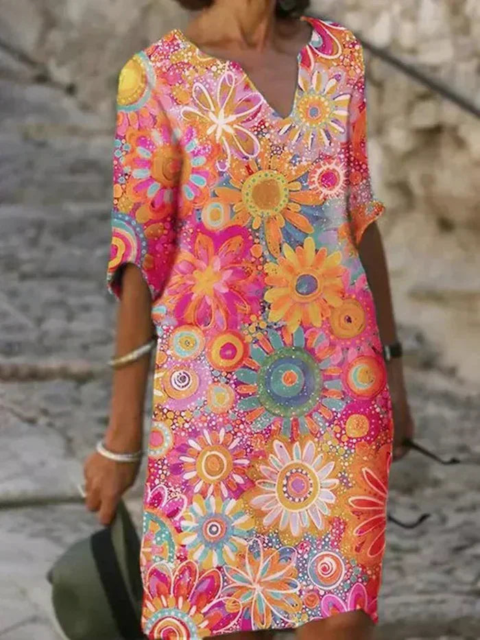 Womens Floral Dress with V-Neck and Half Sleeves in a Relaxed Fit