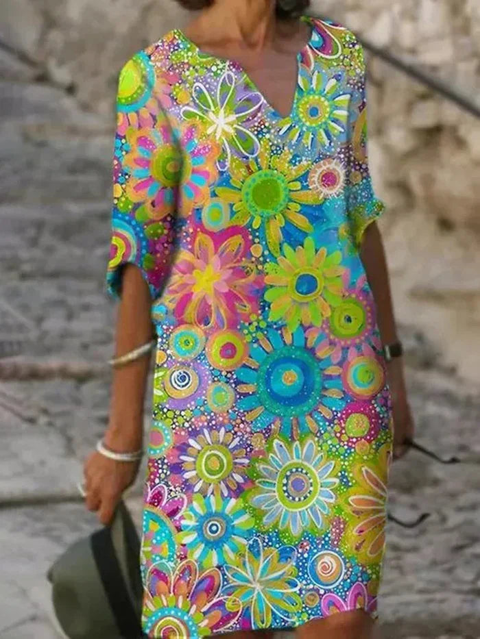 Womens Floral Dress with V-Neck and Half Sleeves in a Relaxed Fit
