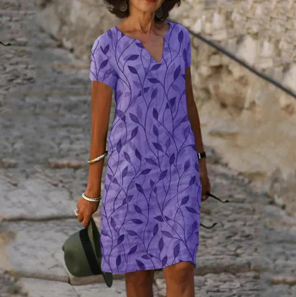Womens Flowy Dress with Leaf Print in Lightweight Woven Fabric