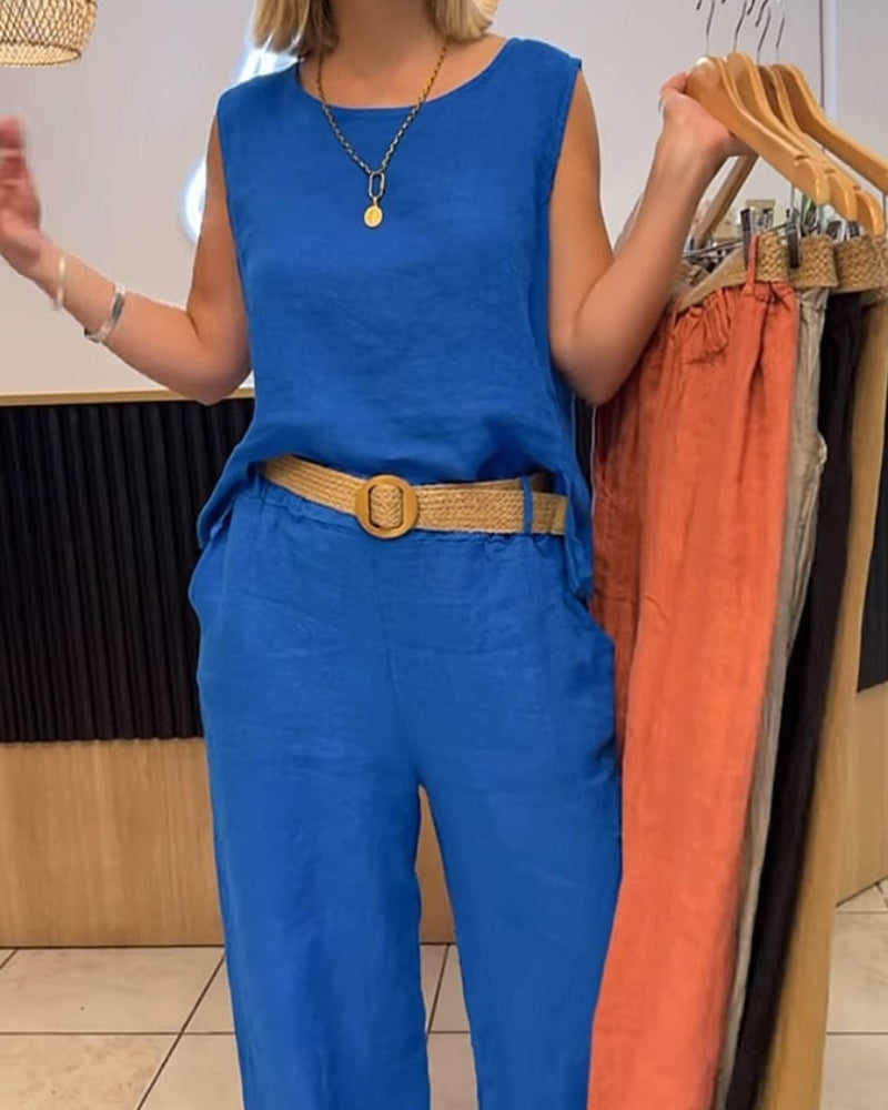 Womens Linen Co Ord Set with Sleeveless Top and Wide Leg Trousers