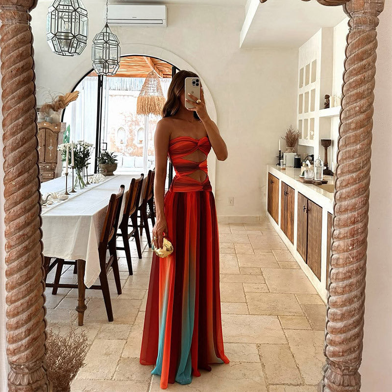 Womens Long Dress with Strapless Cut-Out Bodice and Pleated Skirt