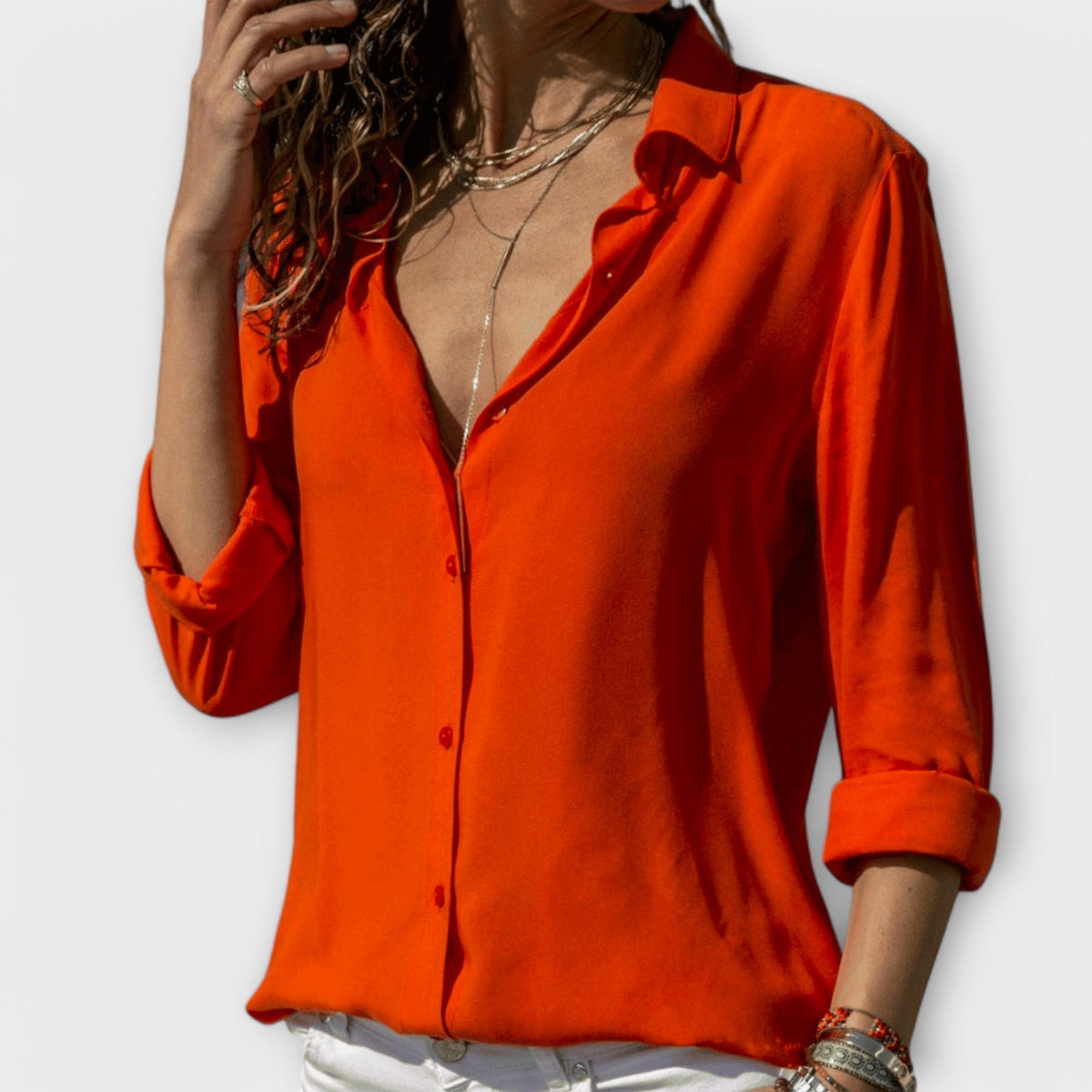 Womens Long Sleeve Blouse with Collar and Buttons in Woven Fabric