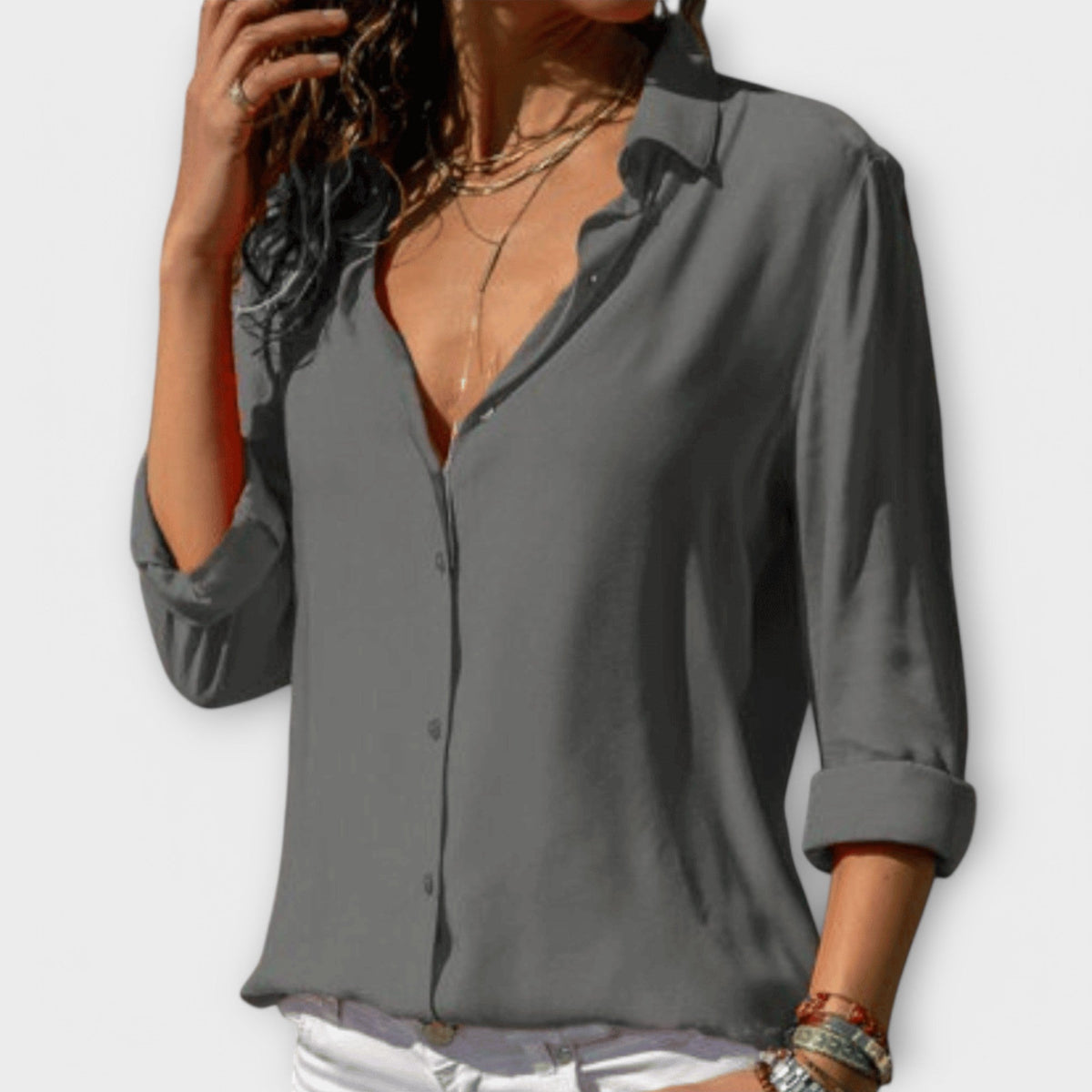 Womens Long Sleeve Blouse with Collar and Buttons in Woven Fabric