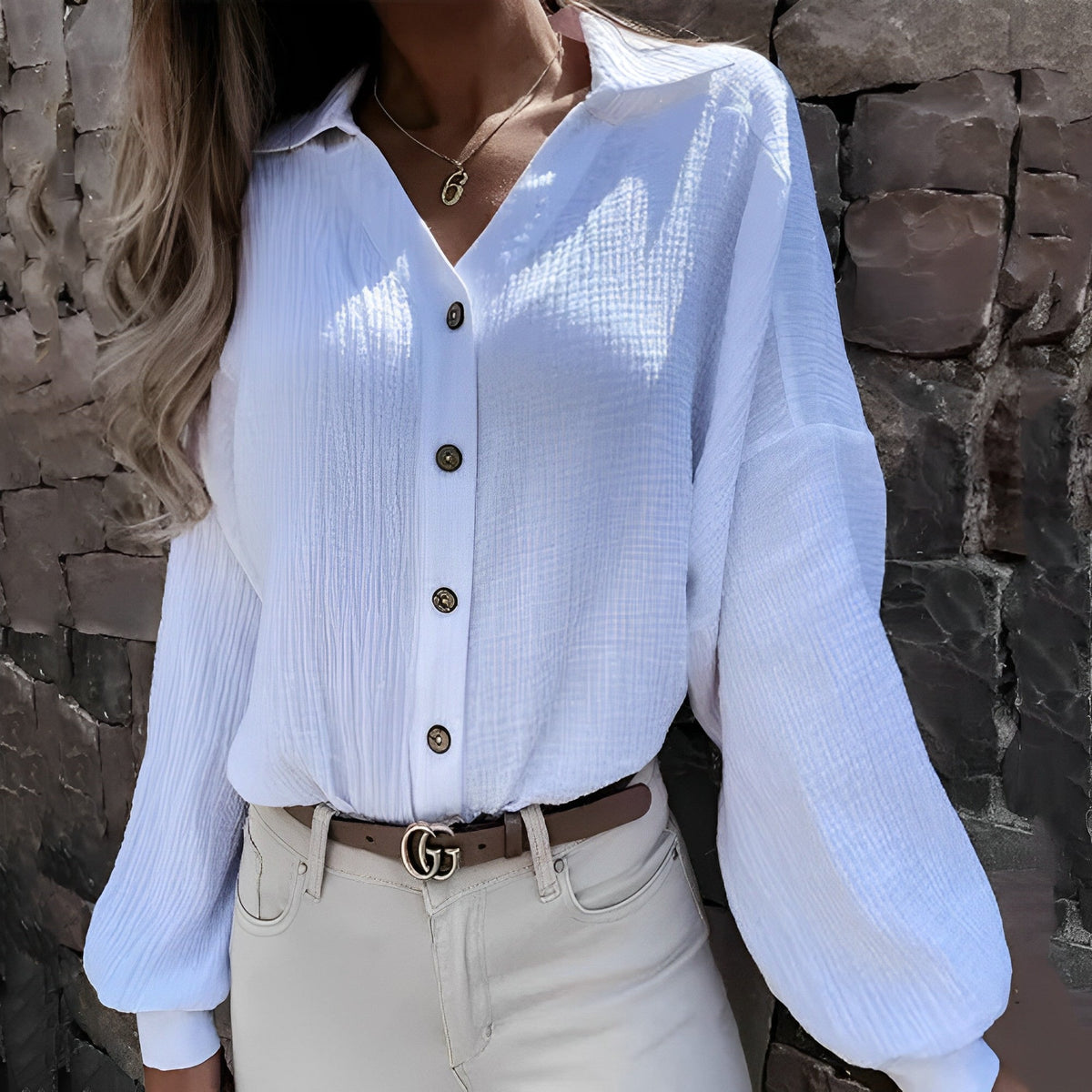 Womens Long Sleeve Blouse with Balloon Sleeves and Crinkle Texture
